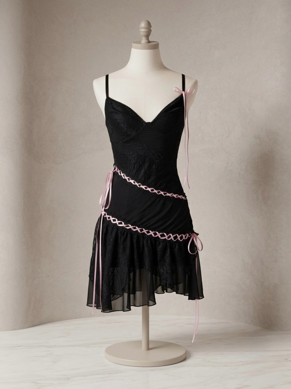 NWT Current Mood Very Demure Lace Ribbon Mesh Black Mini Handkerchief Dress XS